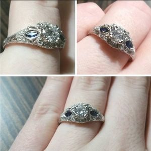 Vintage style diamond and sapphire engagement ring